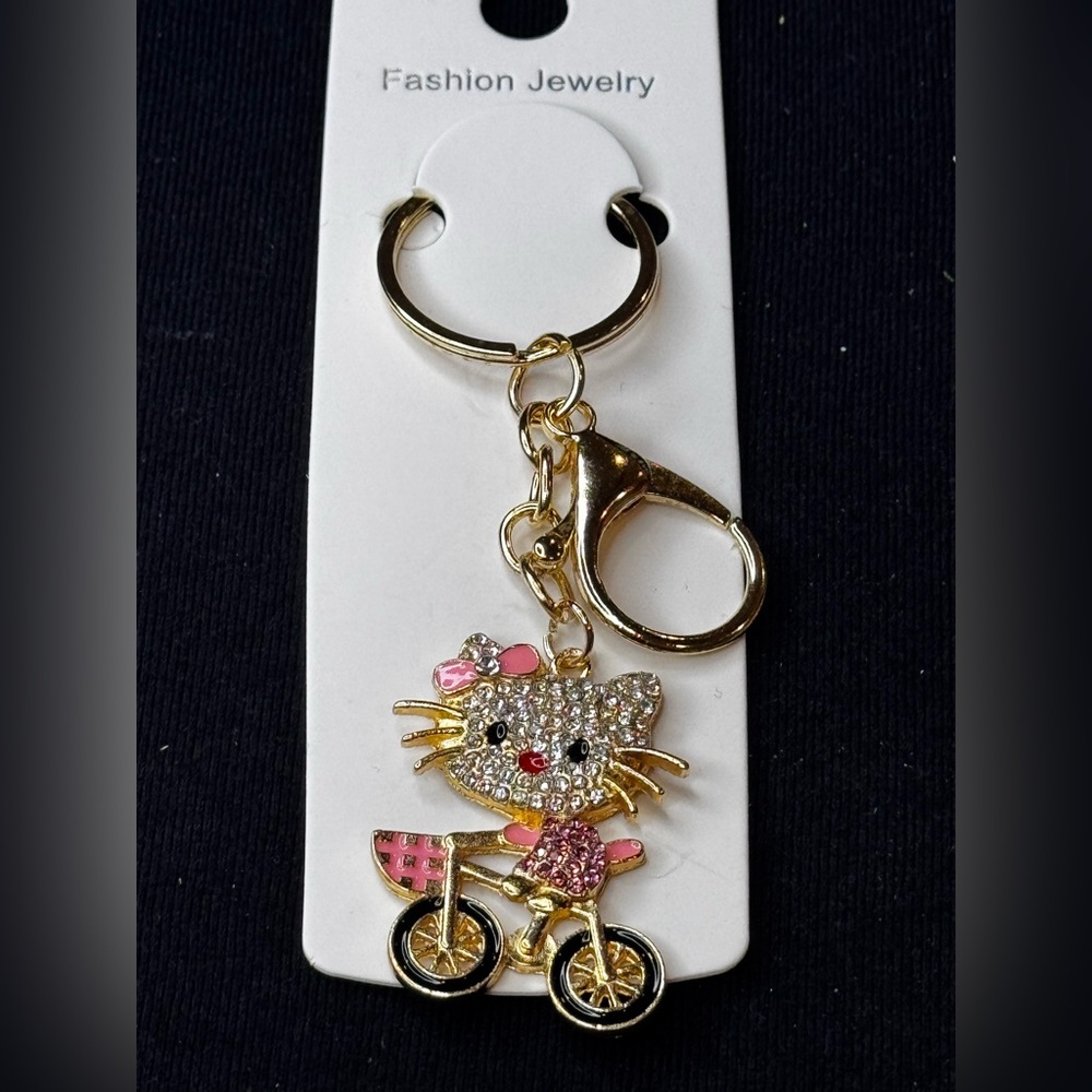 Mint BAG CHARM Sparkly Cat on Bicycle Keychain/Purse Charm Pink